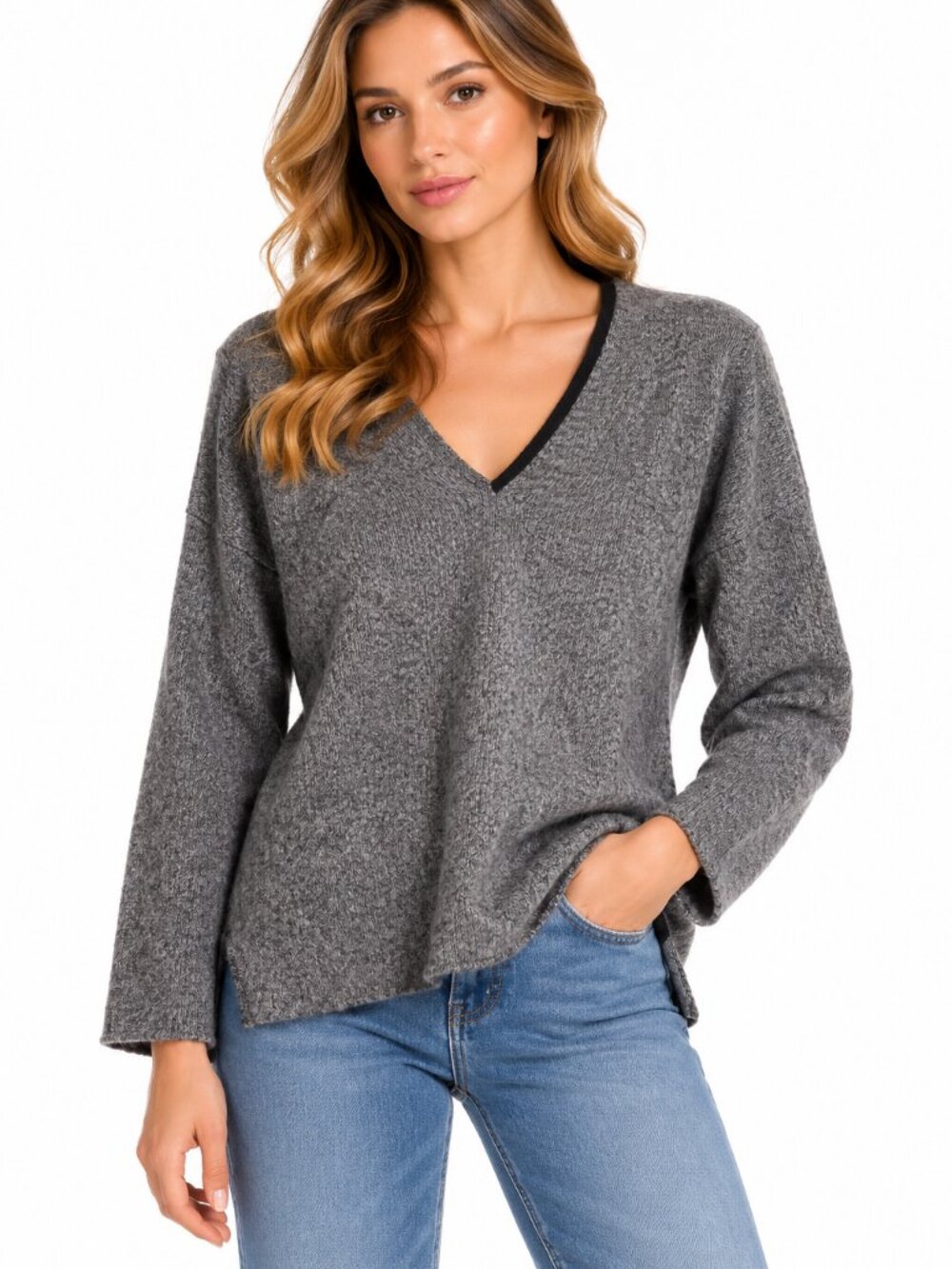 Babaton With Linen Grey V-Neck Wool Blend Sweater Siz